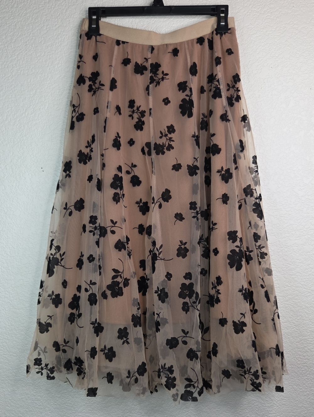 Beige Tulle Midi Skirt with Black Floral Appliqué